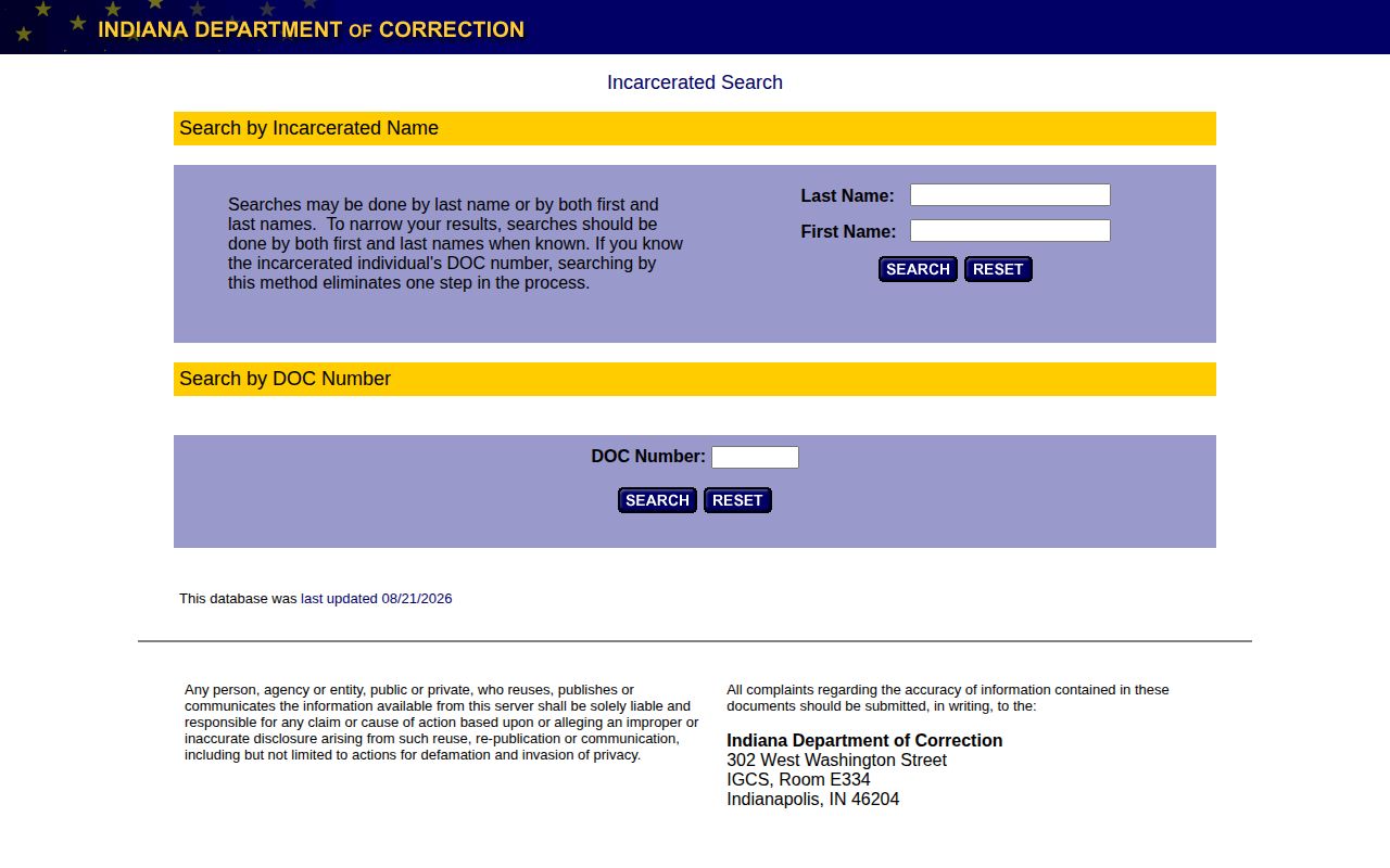 Indiana DOC offender search for Clinton County state custody records