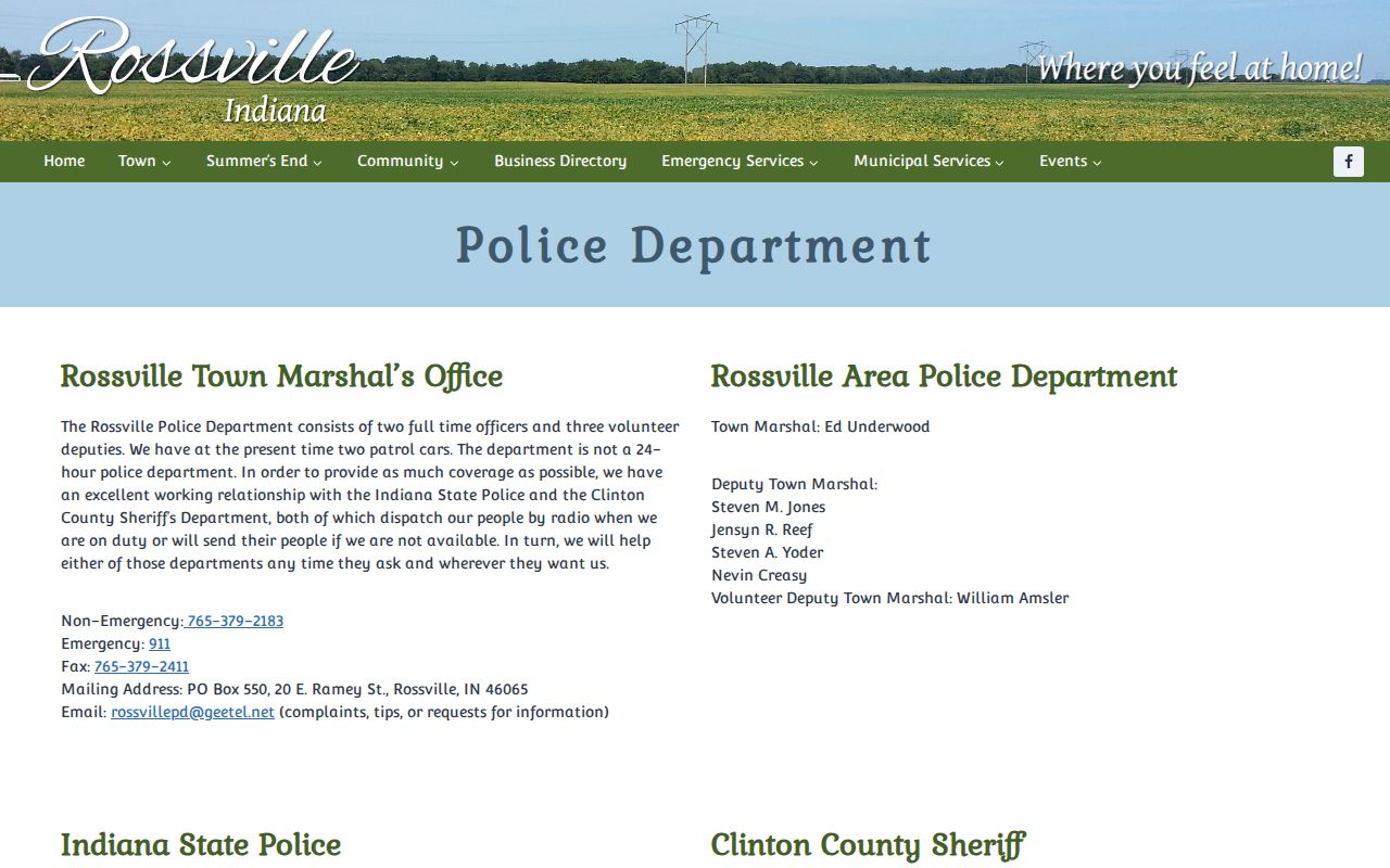 Rossville Town Marshal arrest records contact page in Clinton County